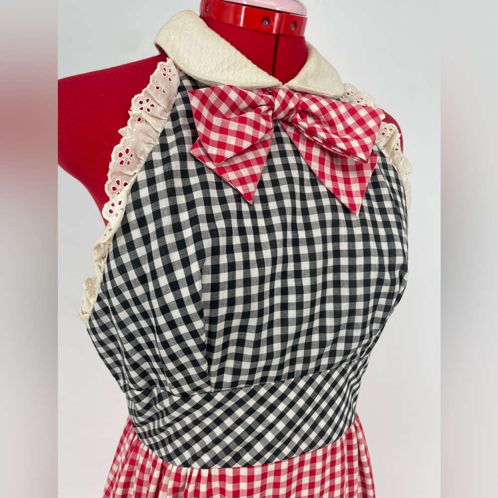 60s/70s Cottagecore Novelty Rabbit Appliqué Gingham Color-blocked Maxi Dress - Picture 8 of 14